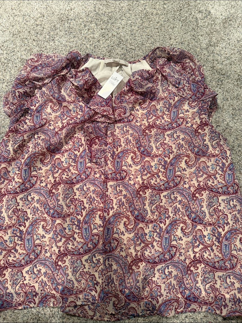LOFT Pink Paisley Ruffle-Trim Blouse with Blue Accents